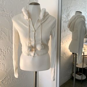 White puff ball fur hooded sweater